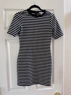 Michael Kors Black & White Striped Short Sleeve Mini Dress